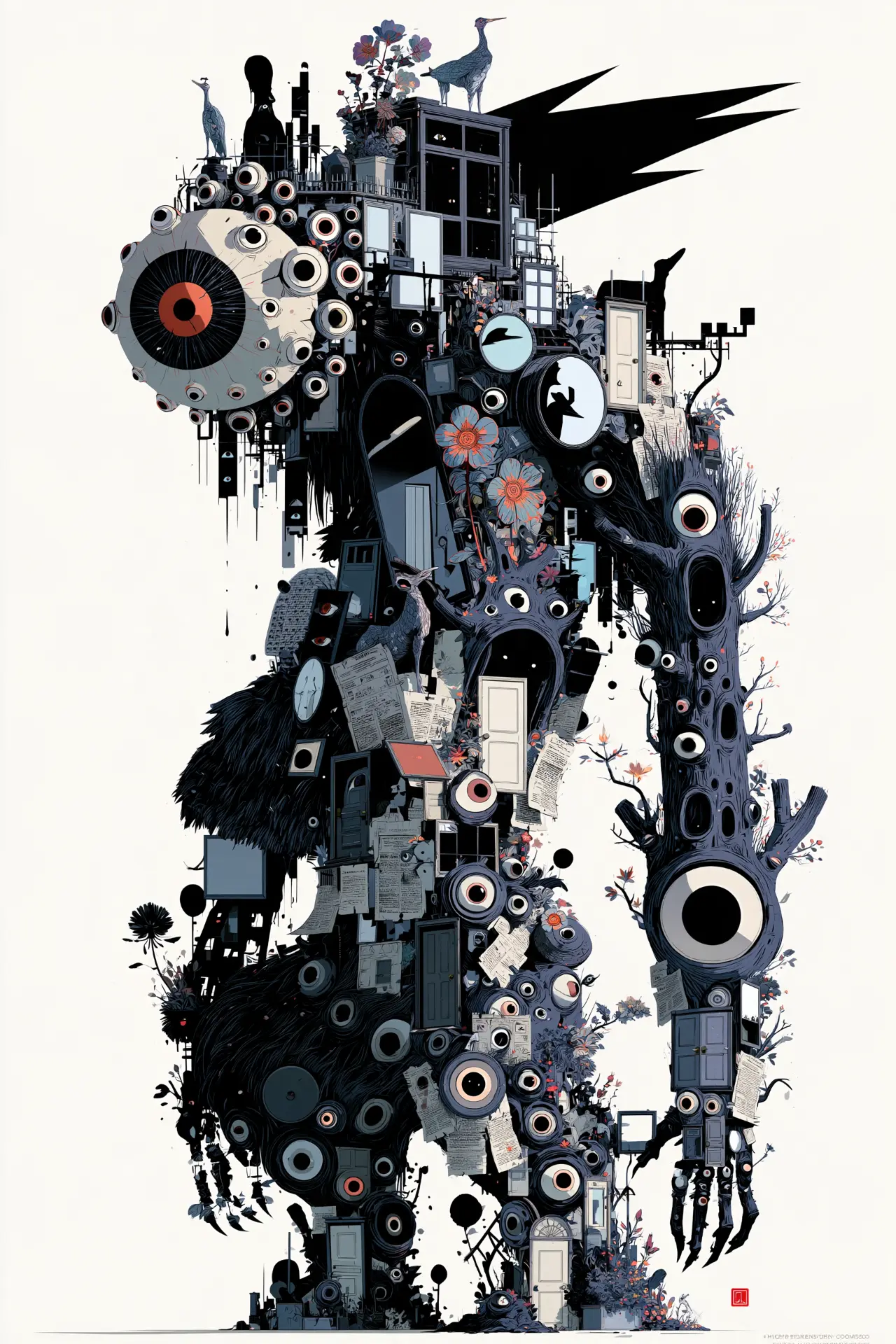 Surreal figure composed of eyes, doors, branches, and architecture