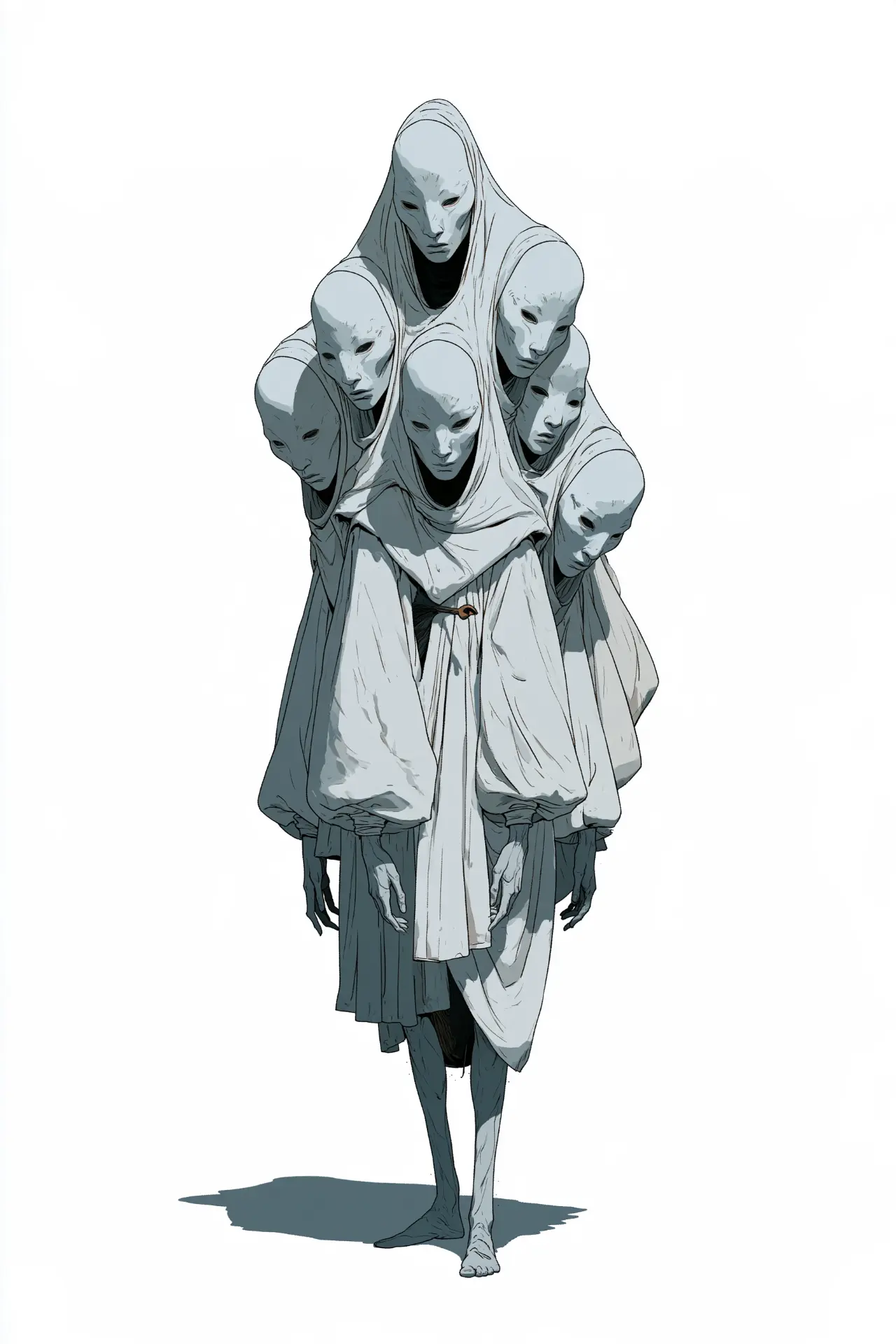 Many pale masked figures creature concept artwork