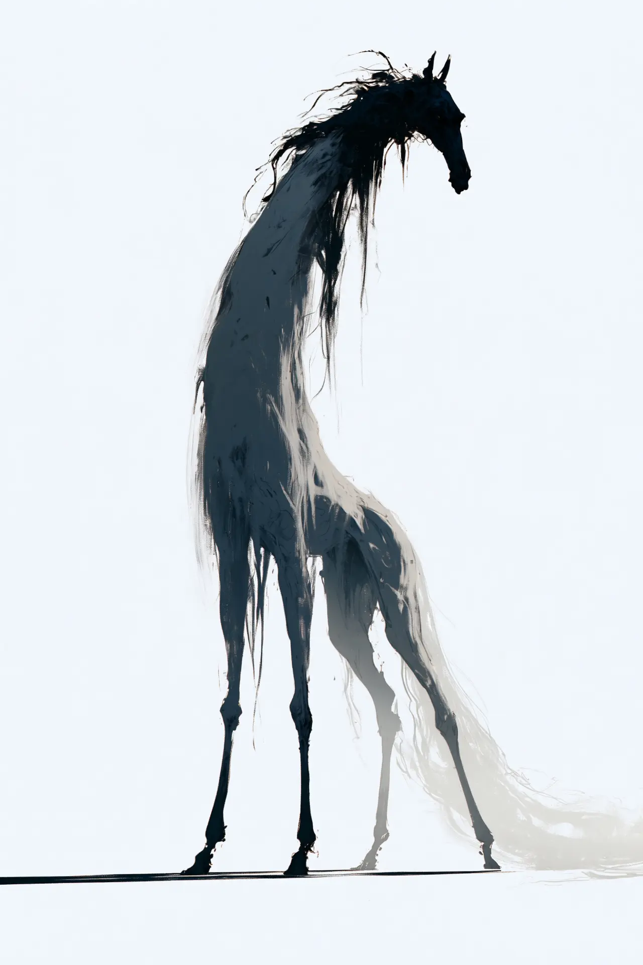 Long-legged shadowy horse-like figure in pale mist