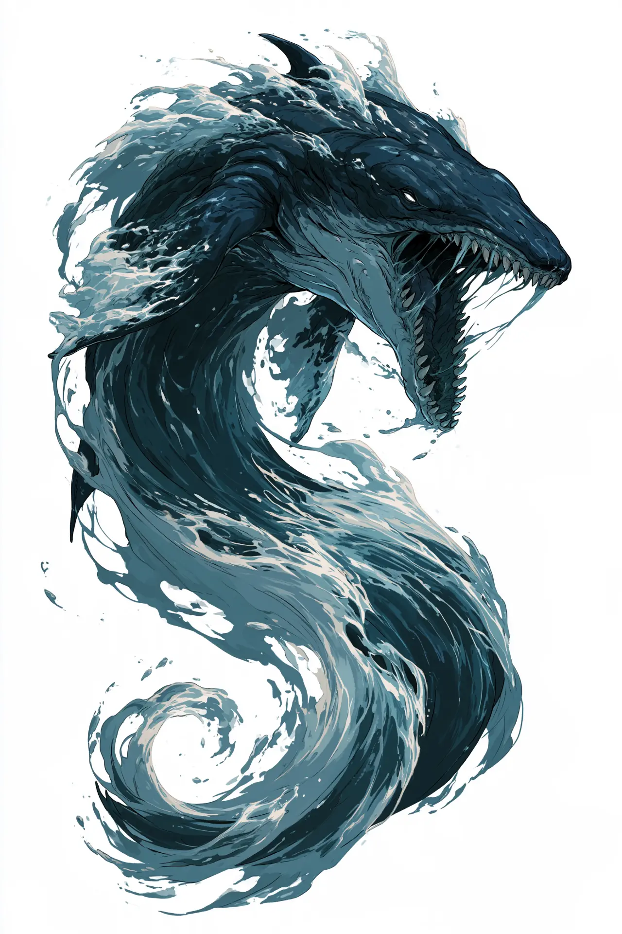 Dark blue sea creature rising from swirling water