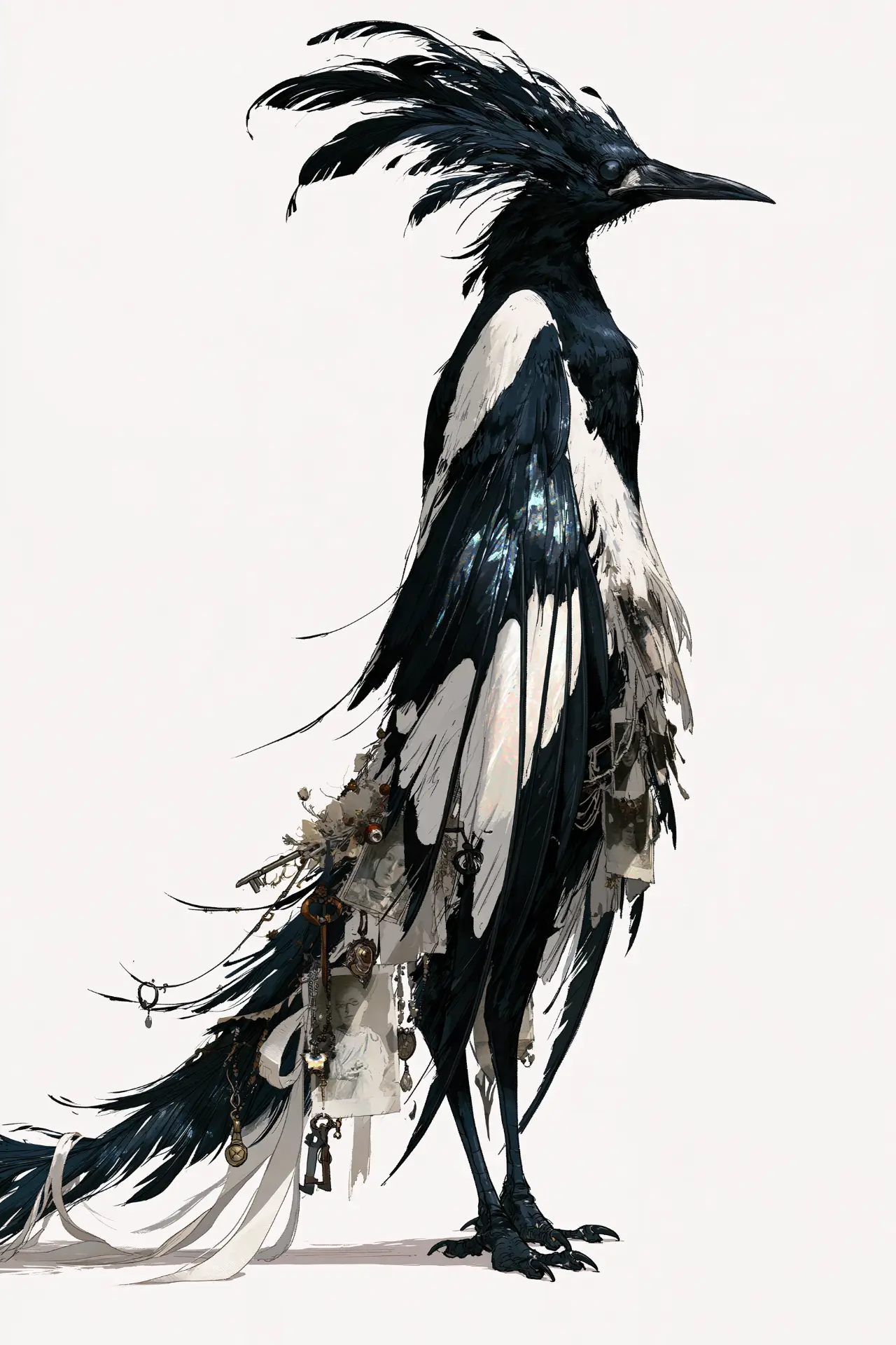 Black and white bird figure with trailing feathers and small hanging objects