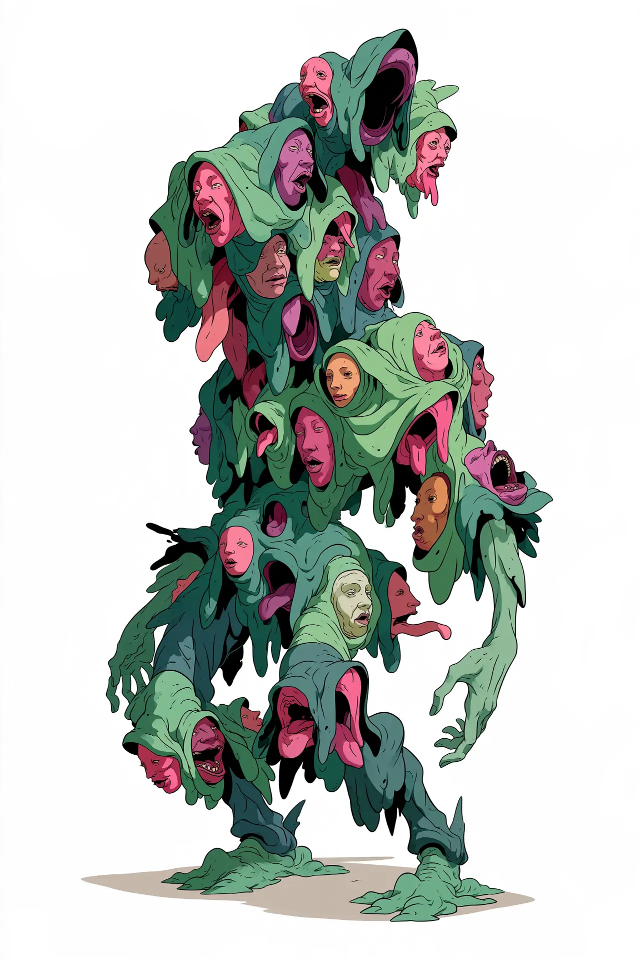 Green creature formed from many faces and open mouths