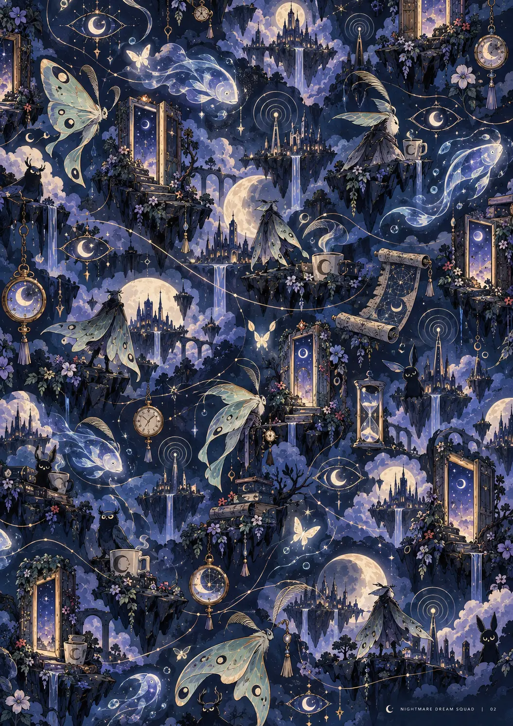 Dream-world concept art with floating doorways, moths, moons, and impossible islands