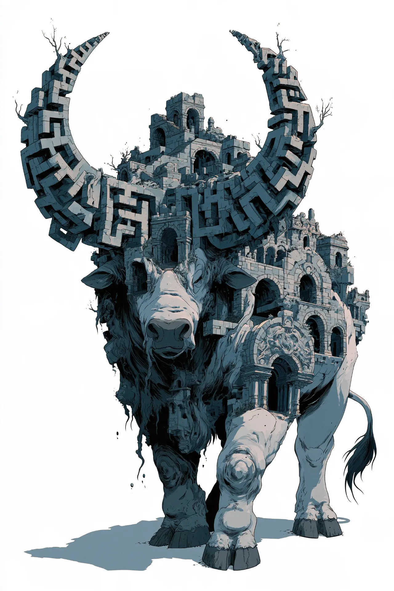 Horned bull-like figure made of stone corridors and ruined architecture