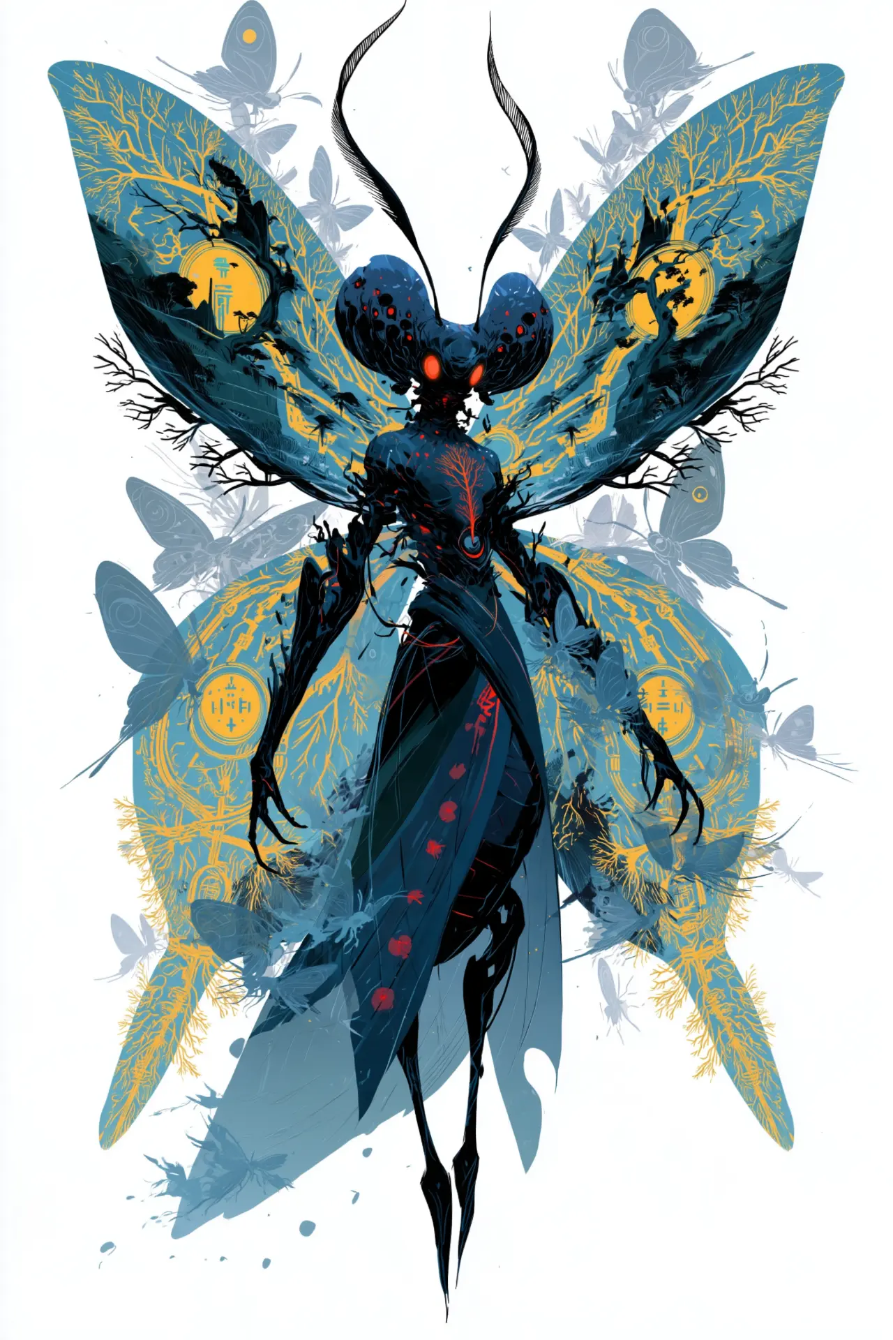 Dark moth-like figure with blue wings patterned in yellow