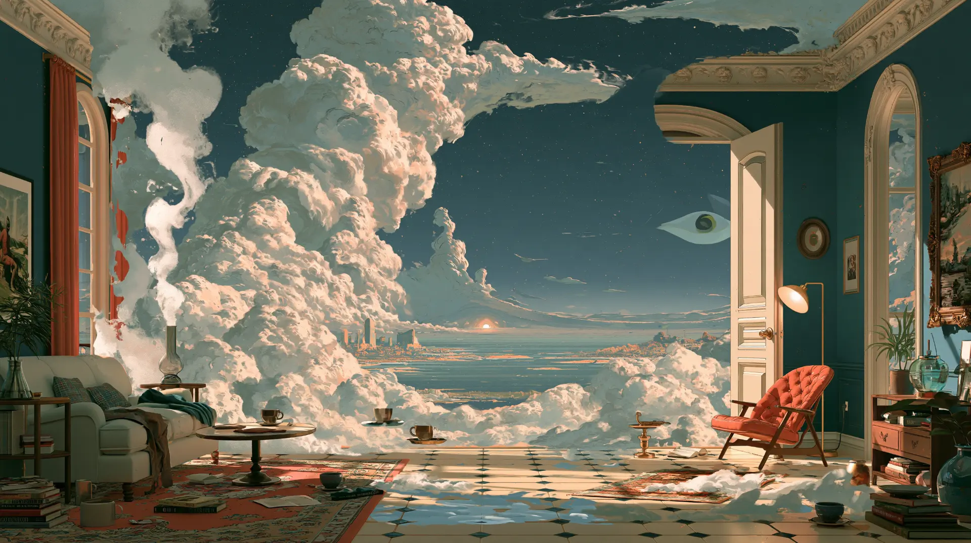A familiar room opening onto clouds and an impossible horizon